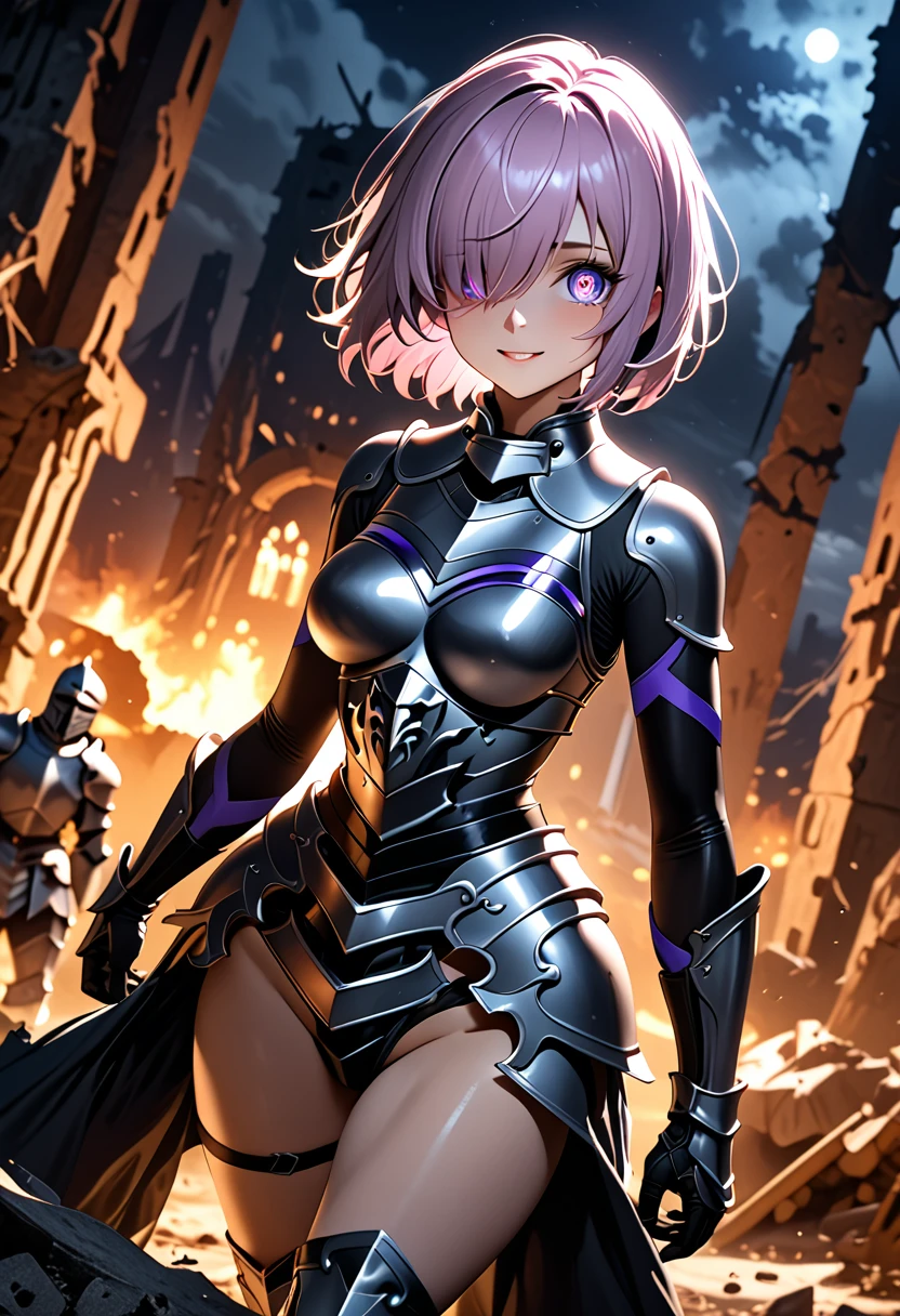 (masterpiece, top quality, best quality, beautiful and aesthetic:1.2), full body, extremely detailed, detailed face and eyes, cinematic light, depth of field, 1girl, seducing smile, solo, official, (armored knight:1.4), dark armor, mash kyrielight, light purple hair, short hair, hair over one eye, slim body, cinematic lighting, dramatic lighting, dramatic atmosphere, hyper-realistic, high resolution, stunning contrast, high quality, best quality, 8k, 4k, intricately detailed, (amazing details:1.2), highly detailed skin, powerful presence, vibrant colors, (detailed eyes:1.2), striking eyes, (detailed background), (warzone on background, night, ruins), (dynamic angle:1.2), (dynamic pose:1.2)