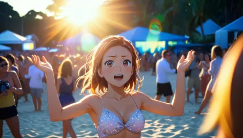 (Nobara Kugisaki) beach with people dancing and enjoying the parties, upbeat music playing in the background, sunglasses, vibran...