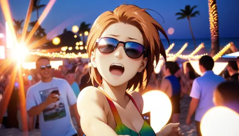 (Nobara Kugisaki) beach with people dancing and enjoying the parties, upbeat music playing in the background, sunglasses, vibran...