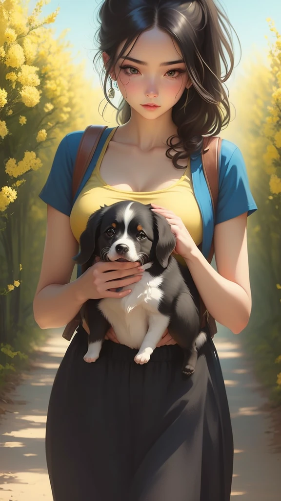 An incredibly charming  carrying a backpack, accompanied by her adorable puppy, enjoying a lovely spring outing surrounded by beautiful yellow flowers and natural scenery. The illustration is in high definition at 4k resolution, with highly-detailed facial features and cartoon-style visuals, (Butterfly Dance)