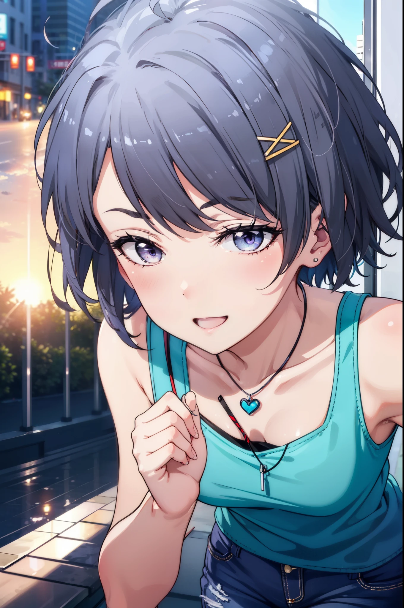 Anime girl aux yeux bleus et aux cheveux gris dans une ville - SeaArt AI