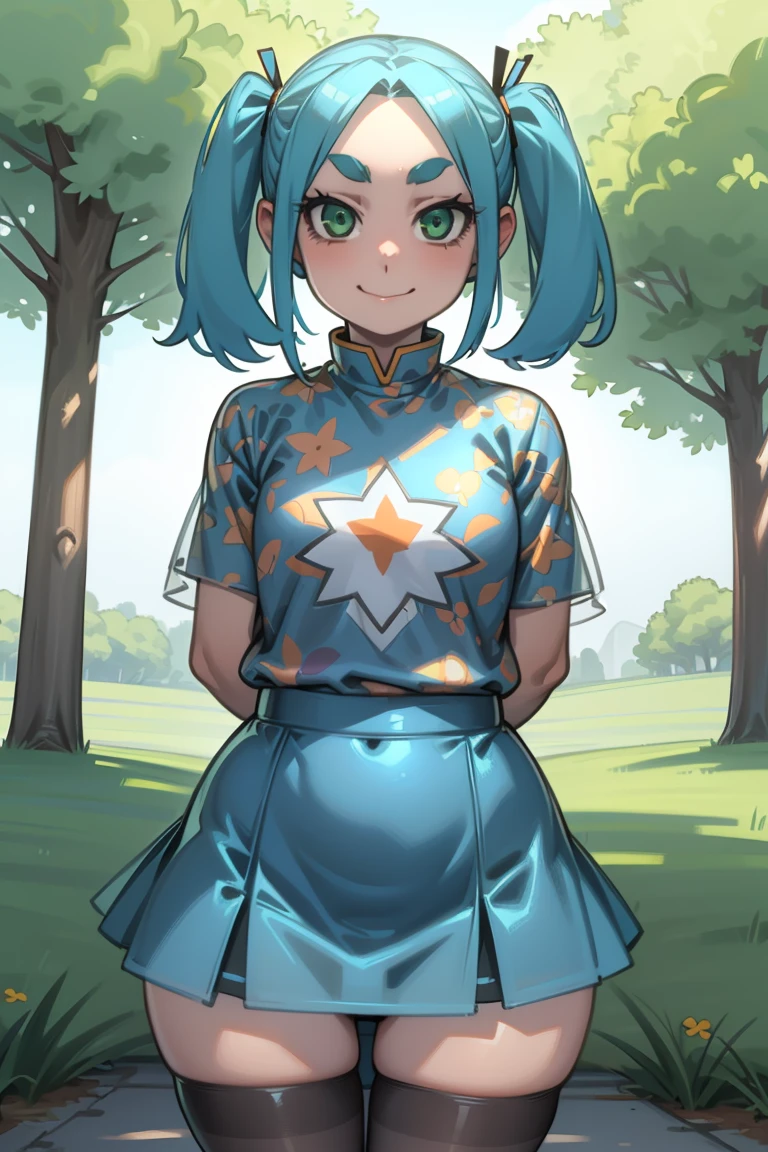 1 girl, standing alone, gazing at viewer,
ononokiyotsugi, water hair, shorth hair, greeneyes, twintails, Thick eyebrows, 
striped pantyhose, blue and gray pantyhose, Clear latex, toplass, skirttransparent orange fabrics  (70% trap), (nsfw), highest fabric material, 8k performance of fabric, rendering by physics engine calculations)::1.96. (high qualiy, detailed CG art), (beautiful lighting and shadow, floating effect), degree of transparency 50%) ,he used to smile , adorable face , cowboy shot, About KelvinHiuArt ,flat-colors, ,Contour,
Garden, trees, close up,
unexpressive, cloused mouth,