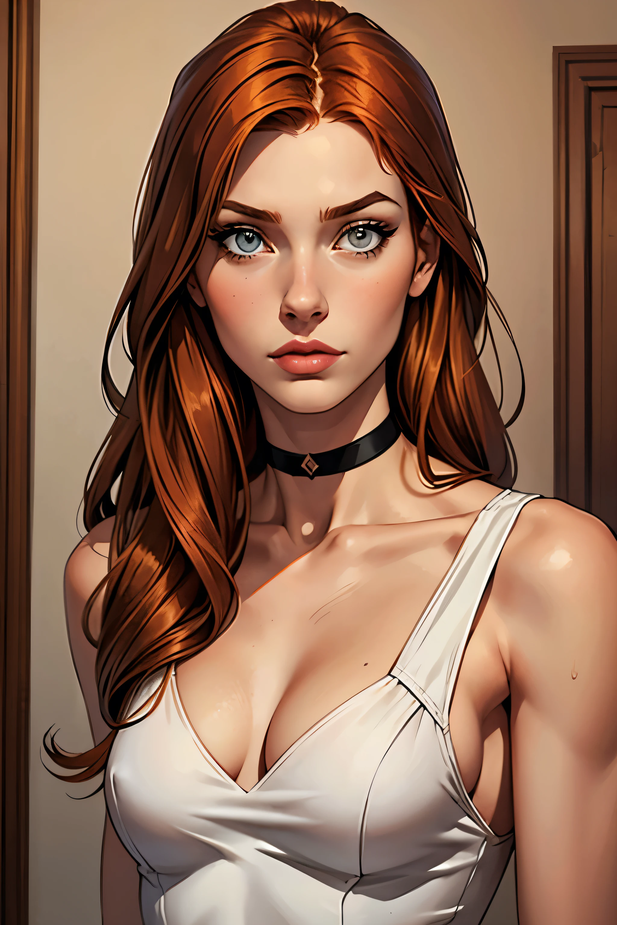 best qualityer, work of art, (realisitic: 1.2), 1 girl, slender girl, ginger hair, eyes browns, 3/4 view, face detailed, gorgeous eyes, eyes gray, eyes large, breasts small, choker