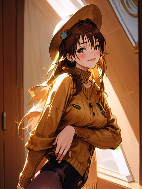 1girl, solo, long_hair, looking_at_viewer, brown_hair, hat, photoshop_(medium), shirt, long_sleeves, original, brown_eyes, jewel...