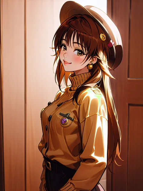 1girl, solo, long_hair, looking_at_viewer, brown_hair, hat, photoshop_(medium), shirt, long_sleeves, original, brown_eyes, jewel...