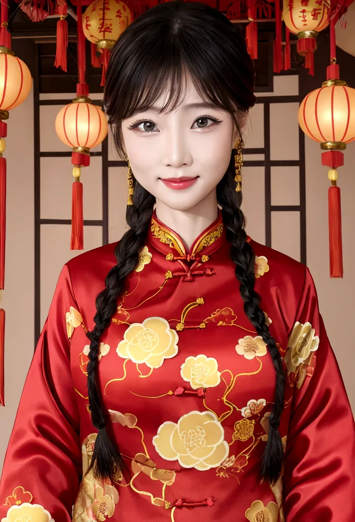 eyes are very fragile，double braids with cheongsam，chinese new year decorations（（smiling artwork）））， （（best quality））， （（intrica...