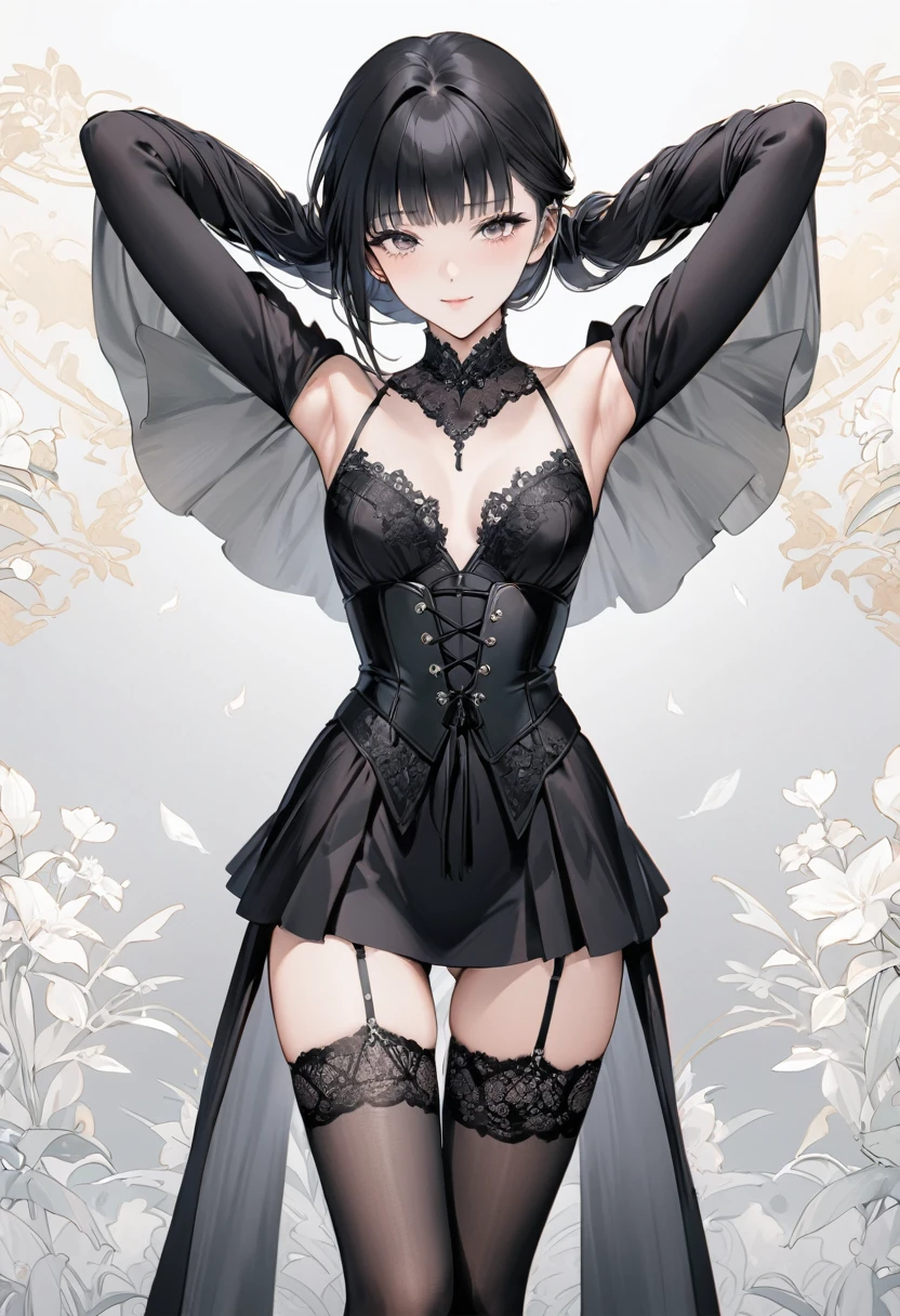 ((Top Qualität, Meisterwerk, Freak, Superauflösung)), 1 Mädchen, japanisches Modell,,glattes schwarzes Haar,Eine Frau trägt ein (korsett kleid) das im Bodysuit-Stil von der Brust bis zu den Hüften reicht. Der Ausschnitt ist ein tiefer V-Ausschnitt mit Trägern, und der Rockteil ist mit kurzen Tüllrüschen geschmückt. Das Korsett verfügt auch über Strumpfgürtel. Die Grundfarbe ist weiß, mit schwarzer Spitze auf der Vorderseite. Der zentrale vordere Teil des Korsetts hat zarte schwarze Blumenspitze, und weiße Bänder dienen als Verzierungen. Der Rock besteht aus transparenten Tüllrüschen, ein leichtes und luftiges Design hinzufügen. Sie trägt auch schwarze Spitzenstrümpfe. Dieses Set kombiniert den Kontrast von Weiß und Schwarz auf wunderbare Weise, mit den aufwendigen Spitzen- und Tülldetails, die eine elegante und sexy Atmosphäre betonen.




