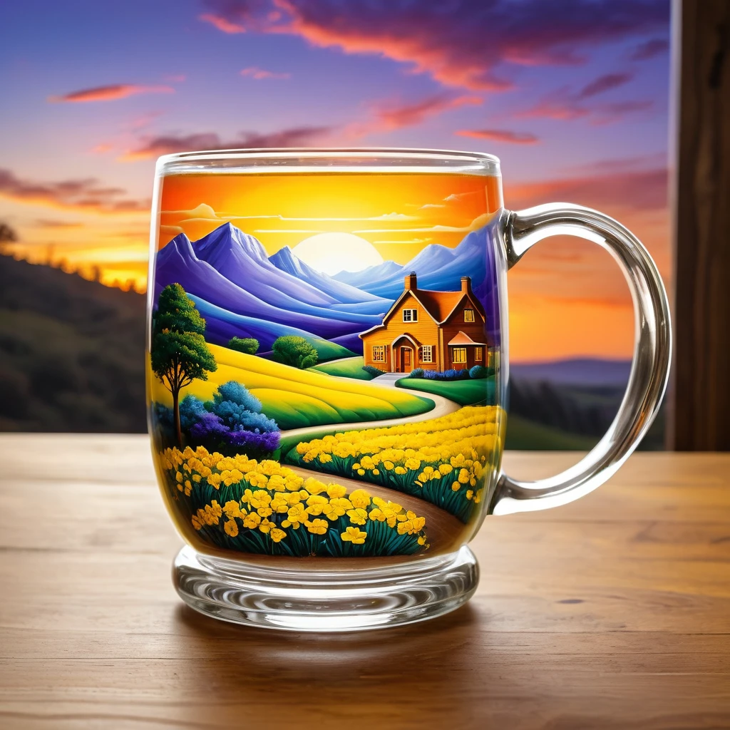 Create a detailed and vibrant image of a landscape contained within a glass mug. The scene inside the mug features rolling fields of bright yellow flowers, trees, and a winding path leading to a small house. Above the fields, a dramatic sunset with swirling red, orange, and purple clouds fills the sky. The setting is in a kitchen, with the mug placed on a wooden table and kitchen items blurred in the background. The style should blend hyper-realism with surrealism, capturing the vivid colors and intricate details of both the landscape and the glass mug.
