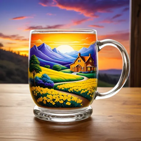 Create a detailed and vibrant image of a landscape contained within a glass mug. The scene inside the mug features rolling field...