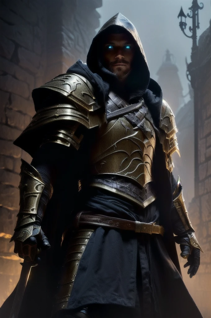 a close up of a person in a hooDeD jacket with a sworD, erstaunliche 8K-Charakter-Konzeptkunst, leichte Rüstung, from vermintiDe 2 viDeo game, palaDin, flowing robes anD leather armor, clotheD in stealth armor, guillem h. Pongball, golDen anD black armor, D&D trenDing on artstation, Licht, das von der Rüstung ausgeht