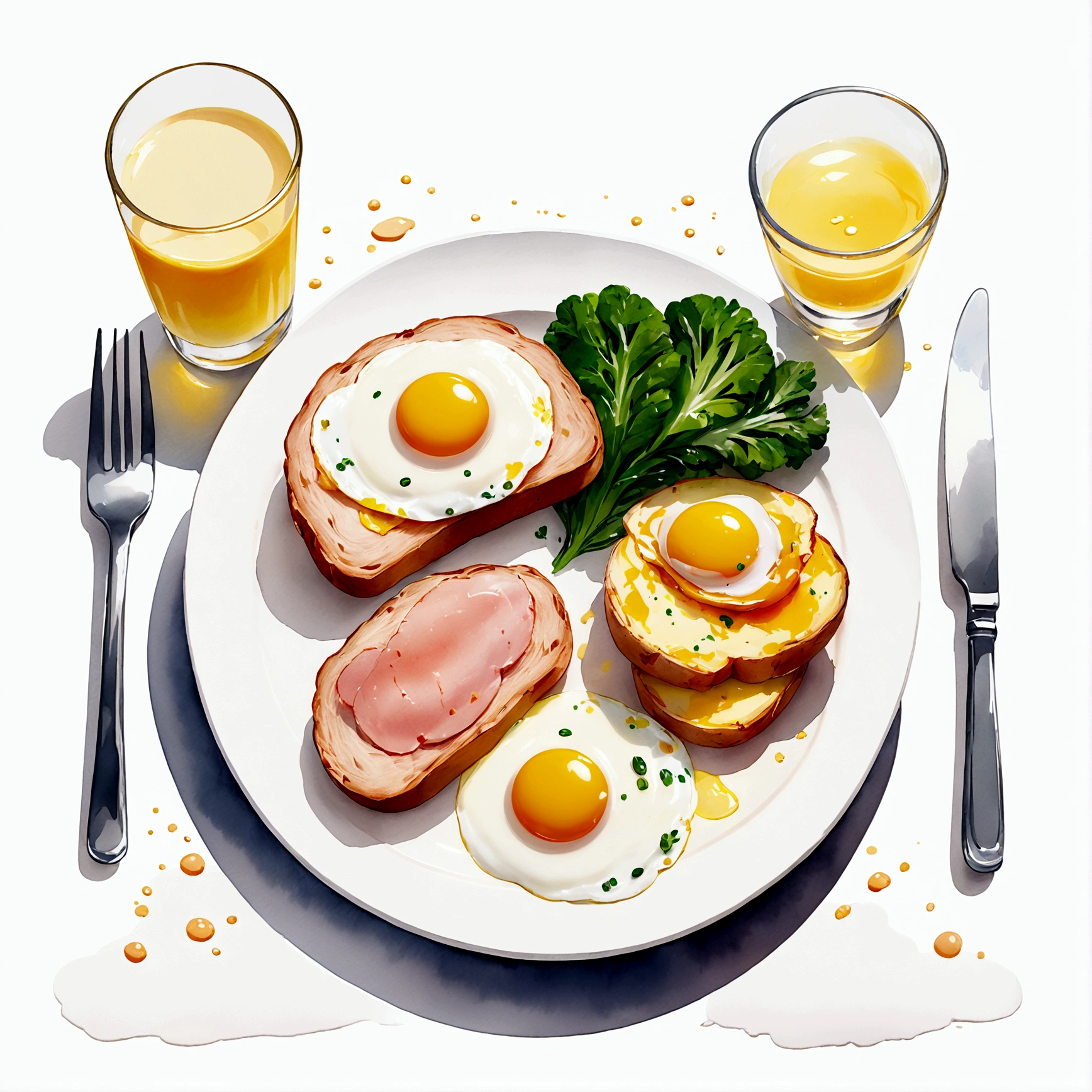 ((best quality)), ((masterpiece)), (detailed), loose water color style, minimalist, create a picture of healthy food on a plate. The food consist of, Eggs, bread, potatoes, glass of milk, meat, chicken meat, some vegetables, against brilliant white background, vibrant color, isolated white. wet water color