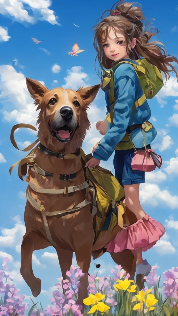 An incredibly charming  carrying a backpack, accompanied by her adorable puppy, enjoying a lovely spring outing surrounded by beautiful yellow flowers and natural scenery. The illustration is in high definition at 4k resolution, with highly-detailed facial features and cartoon-style visuals, (Butterfly Dance)