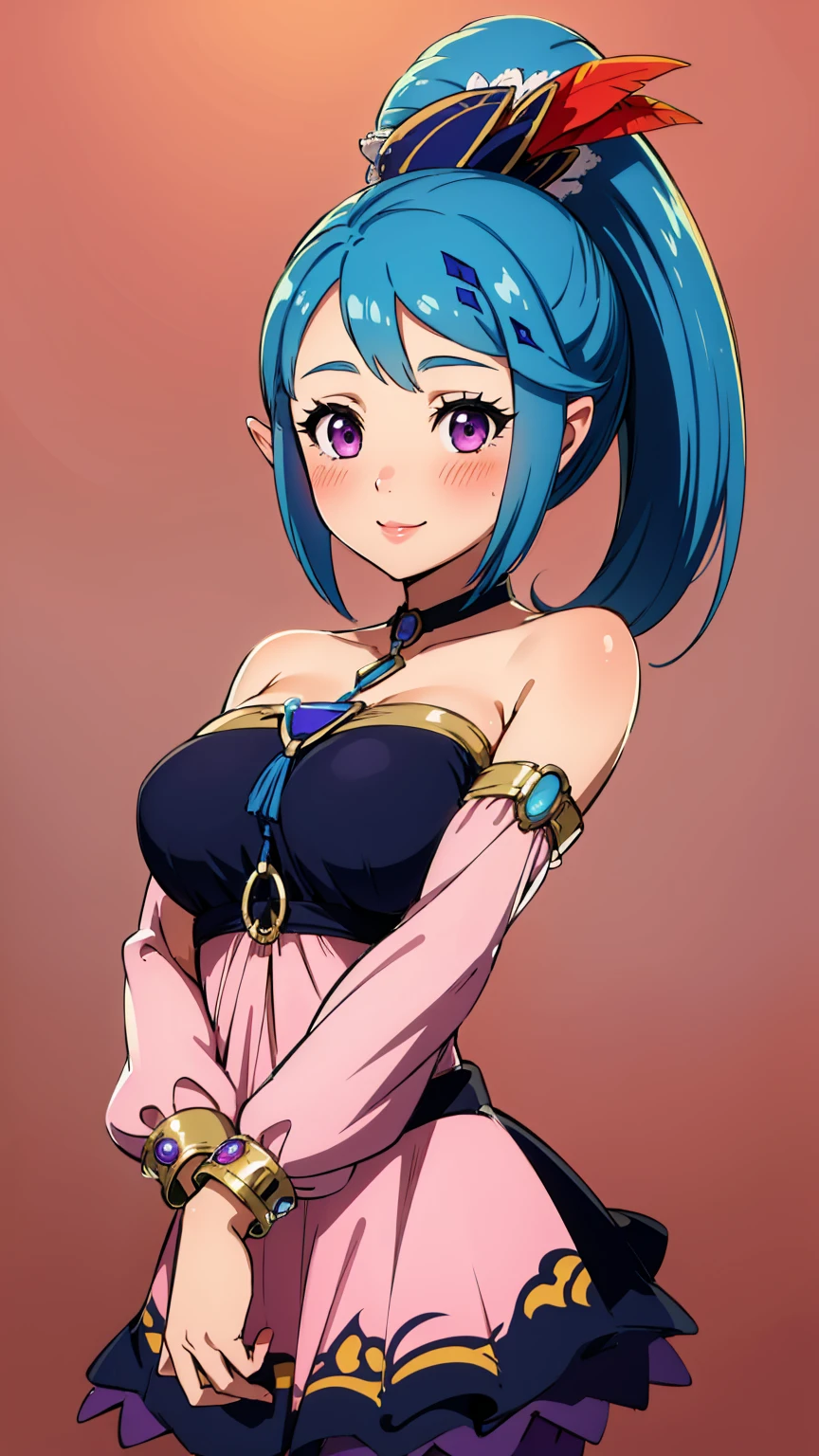 best quality, high resolution, large breasts, blue hair, ponytail, blush, smile, cowboy shot, looking at viewer, Lana, pink lip, in Hyrule, gothic outfit, 