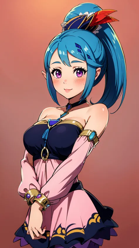 best quality, high resolution, large breasts, blue hair, ponytail, blush, smile, cowboy shot, looking at viewer, Lana, pink lip,...