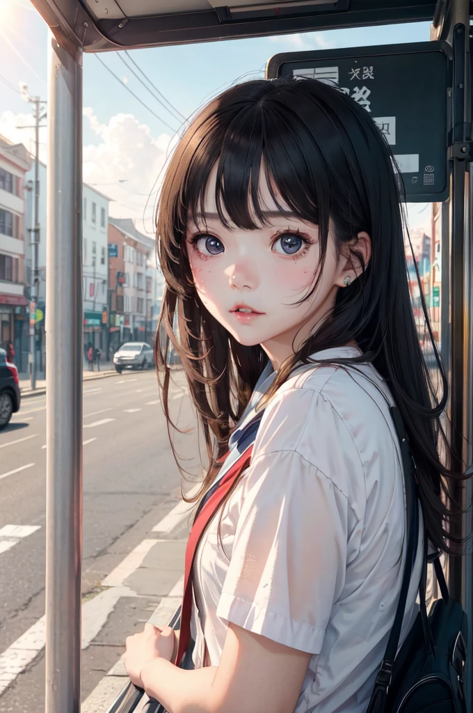 1girl, (masterpiece:1.2), highres, high quality, (perfect face and eyes:1.2), (textured skin:1.2), bus stop, wind, serafuku, , intense light rays, cute