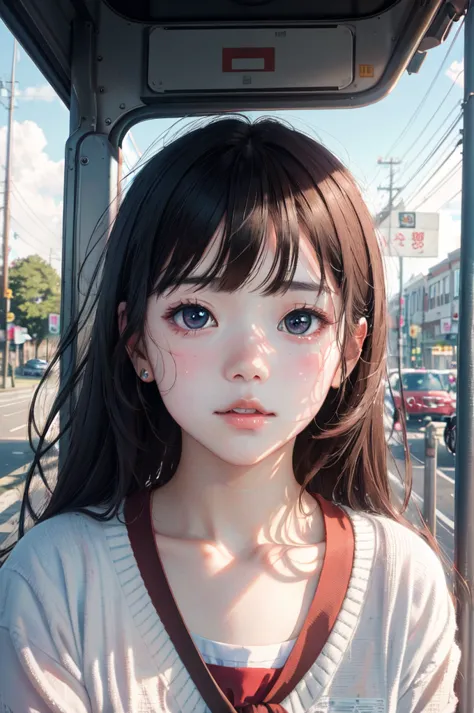 1girl, (masterpiece:1.2), highres, high quality, (perfect face and eyes:1.2), (textured skin:1.2), bus stop, wind, serafuku, , i...