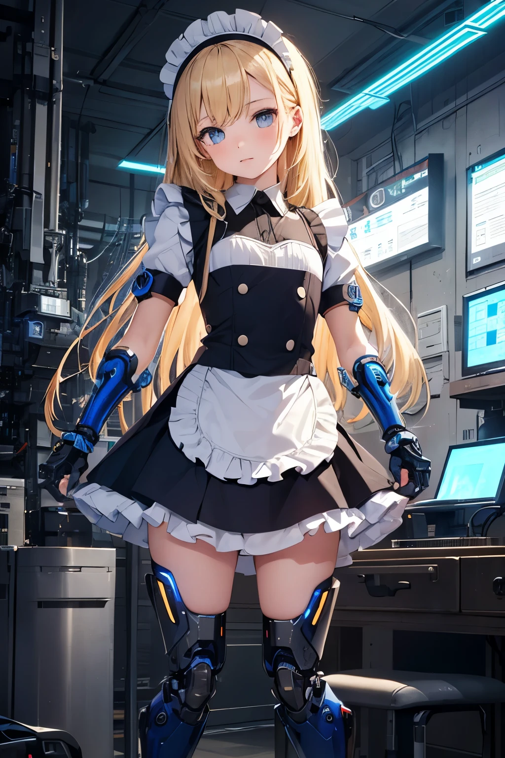   girl ,girl 12 year old  , mechanical face , futuristic maid dress ,flat  chest ,long blonde hair frinje ,(loli body), mechanic-headband, blue leds ,blue  light auréola,   quality, 8k ,maid uniform , Cyborg arms. Mechanical Limbs Metal,  Mechanical legs .Power cablles conected in machine. Circuitos. 