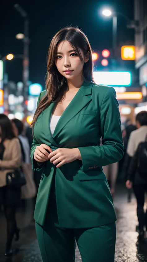 A woman standing on a busy street in Tokyo, panties, Traffic jam on a rainy night, masterpiece, RAW Photos, Depth of written bou...