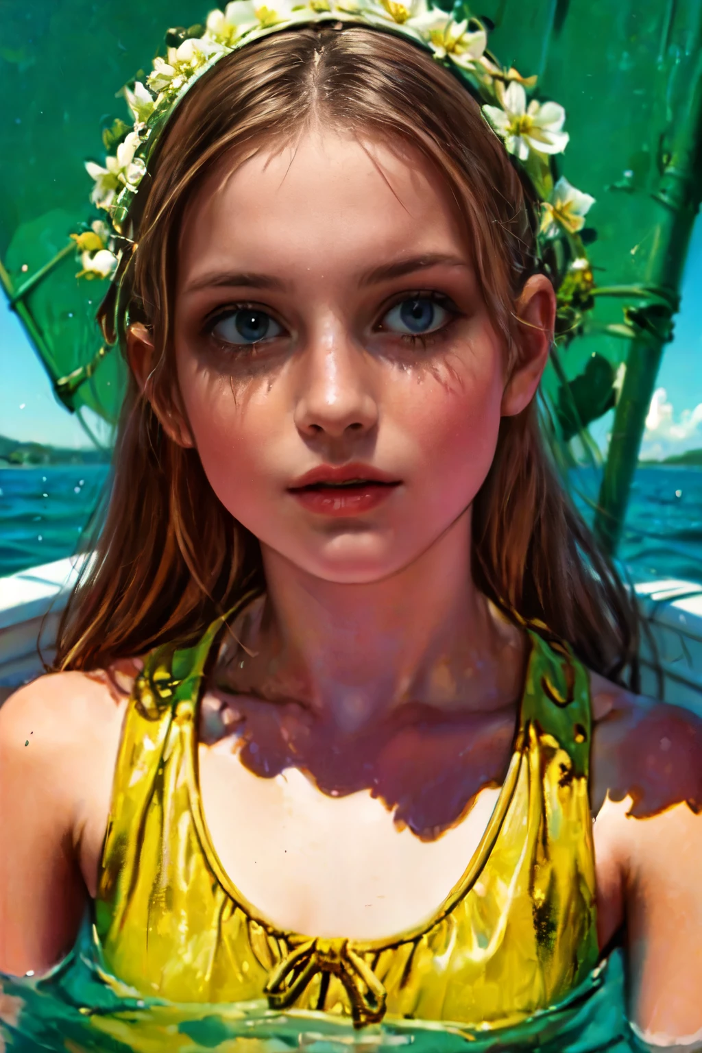一个女孩的特写, 美麗細緻的眼睛, 美麗細緻的嘴唇, 極度細緻的眼睛和臉部, 長長的睫毛, 嬌嫩的皮膚, 平靜的表情, 柔和的燈光, 電影般的, 優雅的, 明暗對比, 暖色调, 油畫, ,可愛的臉孔, 埃莉奧諾拉·帕維納托,全身,穿黃色連體基尼, 半斜倚在小艇遊艇的甲板上
