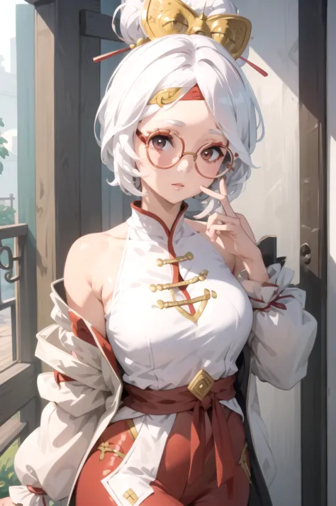 (masterpiece), (best quality),
solo, 1girl, 
purah, white hair,  glasses, hair ornament,