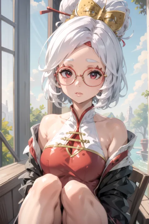 (masterpiece), (best quality),
solo, 1girl, 
purah, white hair,  glasses, hair ornament, 