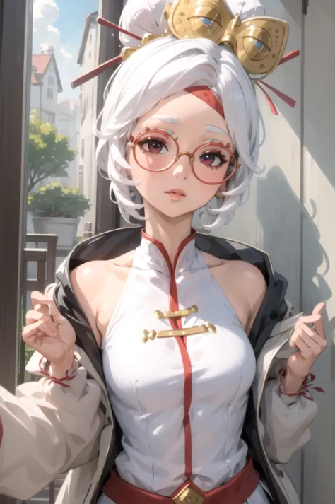 (masterpiece), (best quality),
solo, 1girl, 
purah, white hair,  glasses, hair ornament,