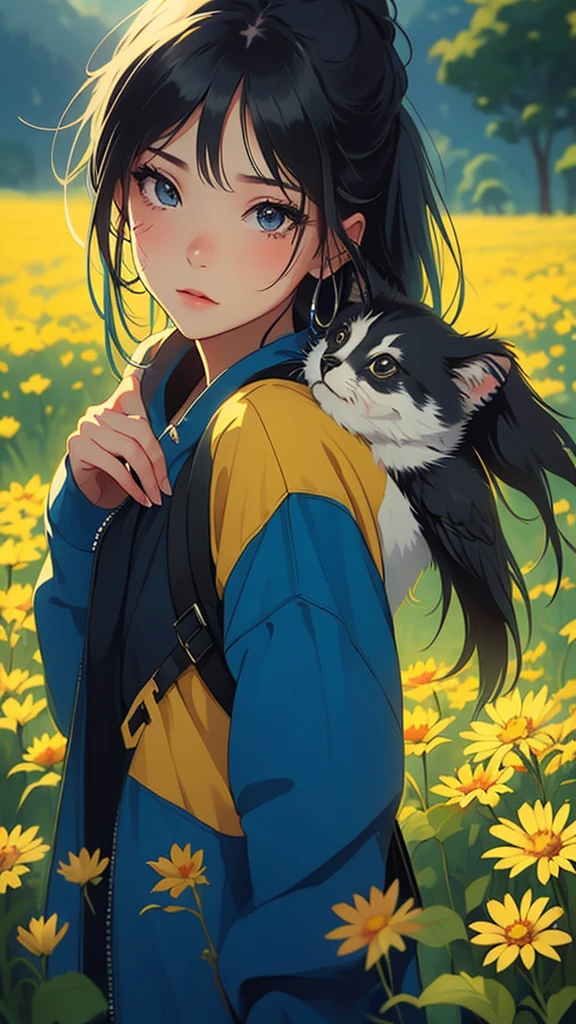 An incredibly charming  carrying a backpack, accompanied by her adorable puppy, enjoying a lovely spring outing surrounded by beautiful yellow flowers and natural scenery. The illustration is in high definition at 4k resolution, with highly-detailed facial features and cartoon-style visuals, (Butterfly Dance)