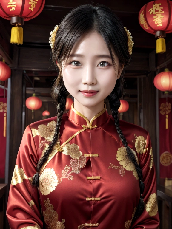 Eyes are very fragile，Double braids with cheongsam，Chinese New Year Decorations（（Smiling artwork）））， （（best quality））， （（Intricate details））， （（Surreal））（8K）