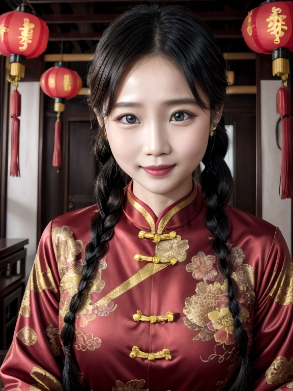 Eyes are very fragile，Double braids with cheongsam，Chinese New Year Decorations（（Smiling artwork）））， （（best quality））， （（Intricate details））， （（Surreal））（8K）