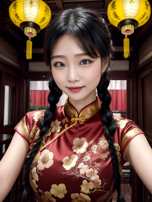 Eyes are very fragile，Double braids with cheongsam，Chinese New Year Decorations（（Smiling artwork）））， （（best quality））， （（Intricate details））， （（Surreal））（8K）