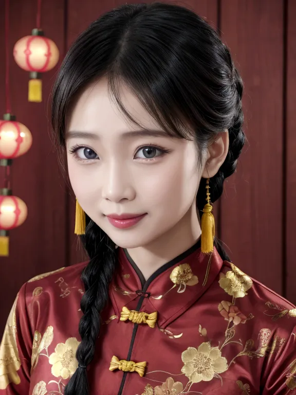 Eyes are very fragile，Double braids with cheongsam，Chinese New Year Decorations（（Smiling artwork）））， （（best quality））， （（Intrica...