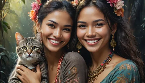 half  body,
a woman smile  with her best friend her javanese cat,
dark complex background, style by thomas kinkade+david a. hard...