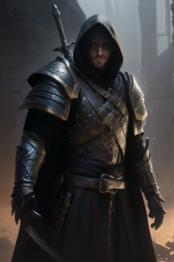 a close up of a person in a hooDeD jacket with a sworD, Increíble arte conceptual de personajes en 8K, armadura ligera, from vermintiDe 2 viDeo game, palaDin, flowing robes anD leather armor, clotheD in stealth armor, guillemos h. pelota de pong, golDen anD black armor, D&D trenDing on artstation, Luz que sale de la armadura