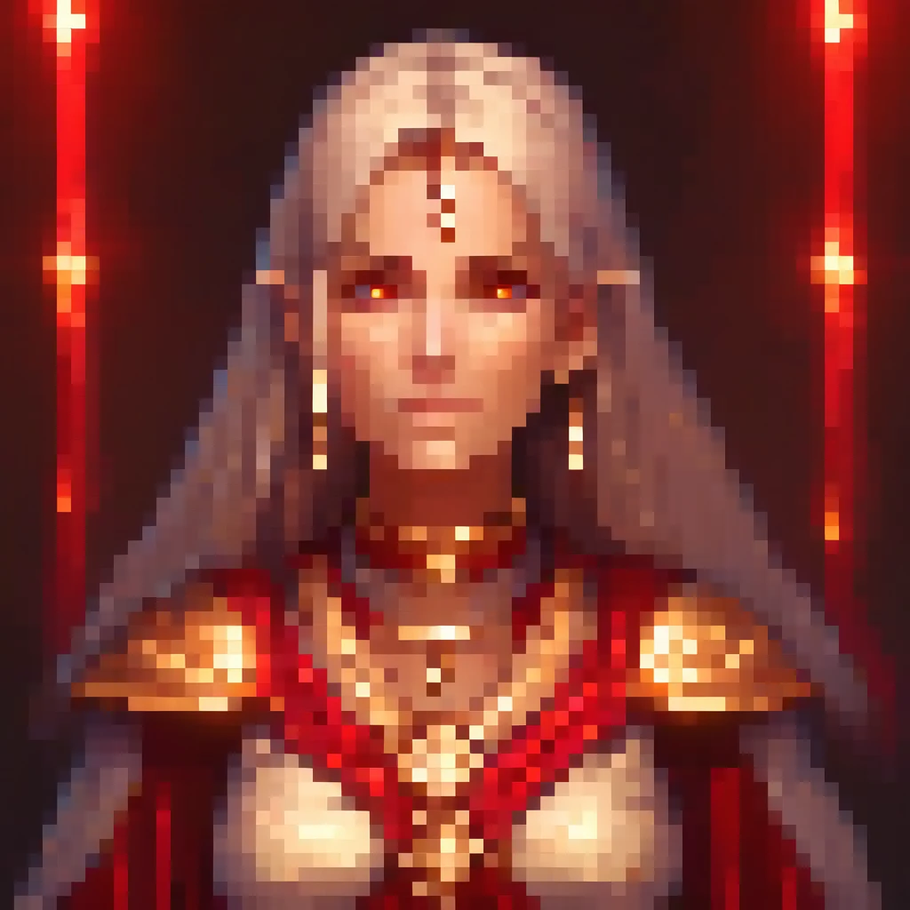 a thin cleric female portrait, detailed eyes, , extremely detailed hard and rough face and features, team focused buff powers, red flowing robes, soft glowing light, intricate pixel art style, highly detailed, masterpiece, 8k, photorealistic, portrait, fantasy, magical, ethereal, cinematic lighting, dramatic contrast, vivid colors, digital painting