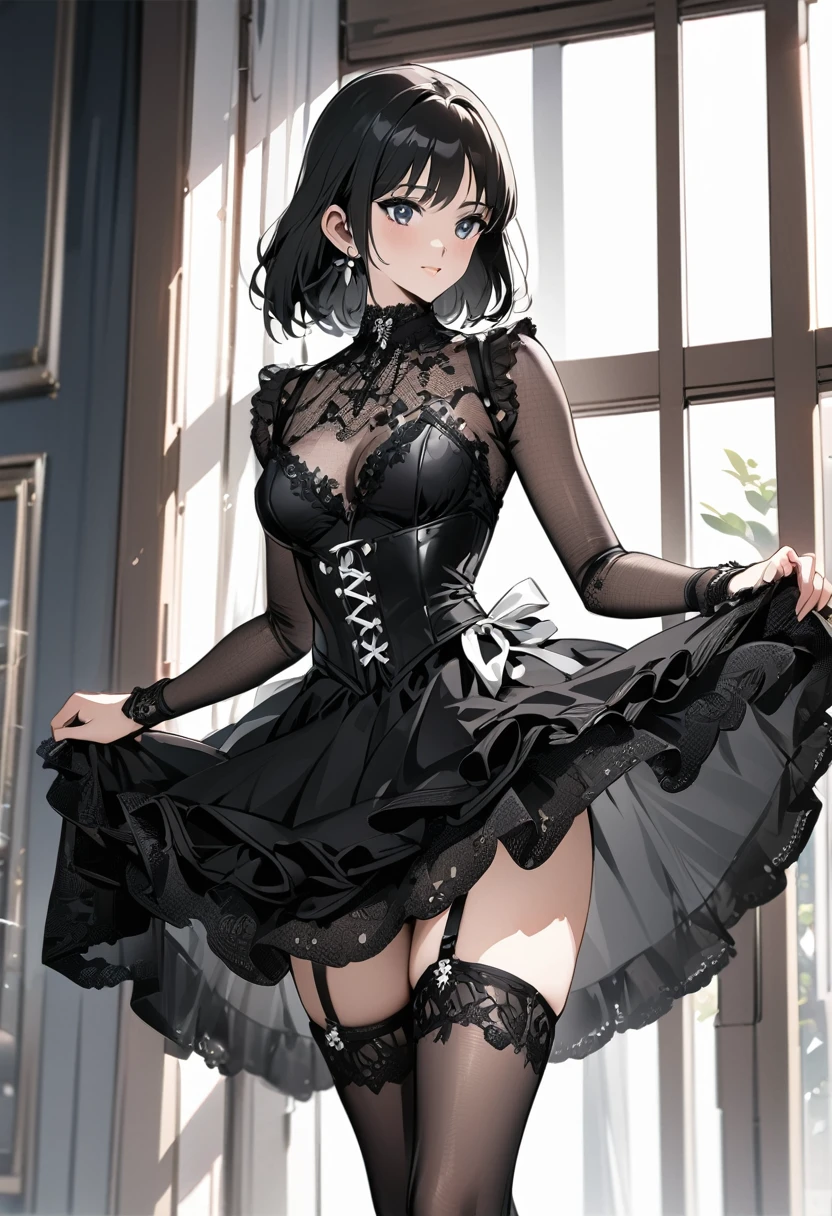 ((Top quality, masterpiece, freak, super resolution)), 1 girl, Japanese model,16 years old,Smooth black hair,The woman wears a bodysuit-style covering (corset dress) from the chest to the hips. The neckline is a deep V-cut with straps and the skirt is decorated with short tulle frills. The corset also has a garter belt. ((Base colour is white with black transparent lace on the front)). The front centre of the corset is decorated with delicate black floral lace and a white ribbon. The skirt is ruffled with transparent tulle and is light. The stockings are also black lace. The contrast between black and white is beautiful and the delicate lace and tulle details emphasise the elegant and sexy atmosphere.
