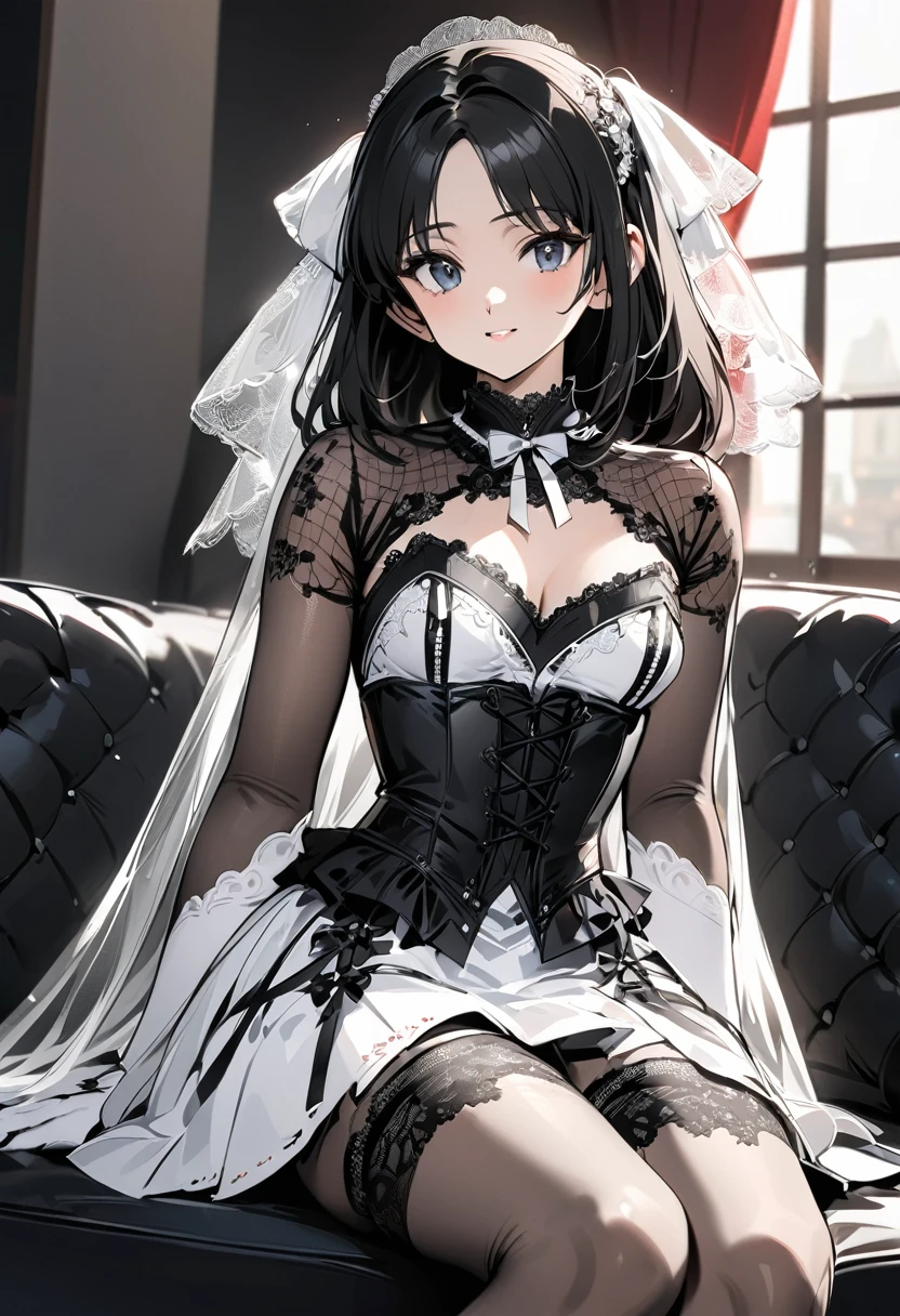 ((Top quality, masterpiece, freak, super resolution)), 1 girl, Japanese model,16 years old,Smooth black hair,The woman wears a bodysuit-style covering (corset dress) from the chest to the hips. The neckline is a deep V-cut with straps and the skirt is decorated with short tulle frills. The corset also has a garter belt. ((Base colour is white with black transparent lace on the front)). The front centre of the corset is decorated with delicate black floral lace and a white ribbon. The skirt is ruffled with transparent tulle and is light. The stockings are also black lace. The contrast between black and white is beautiful and the delicate lace and tulle details emphasise the elegant and sexy atmosphere.
