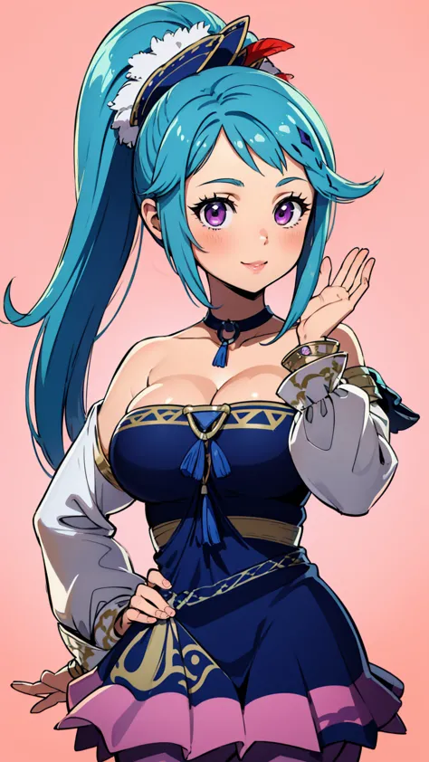 best quality, high resolution, large breasts, blue hair, ponytail, blush, smile, cowboy shot, looking at viewer, Lana, pink lip,...