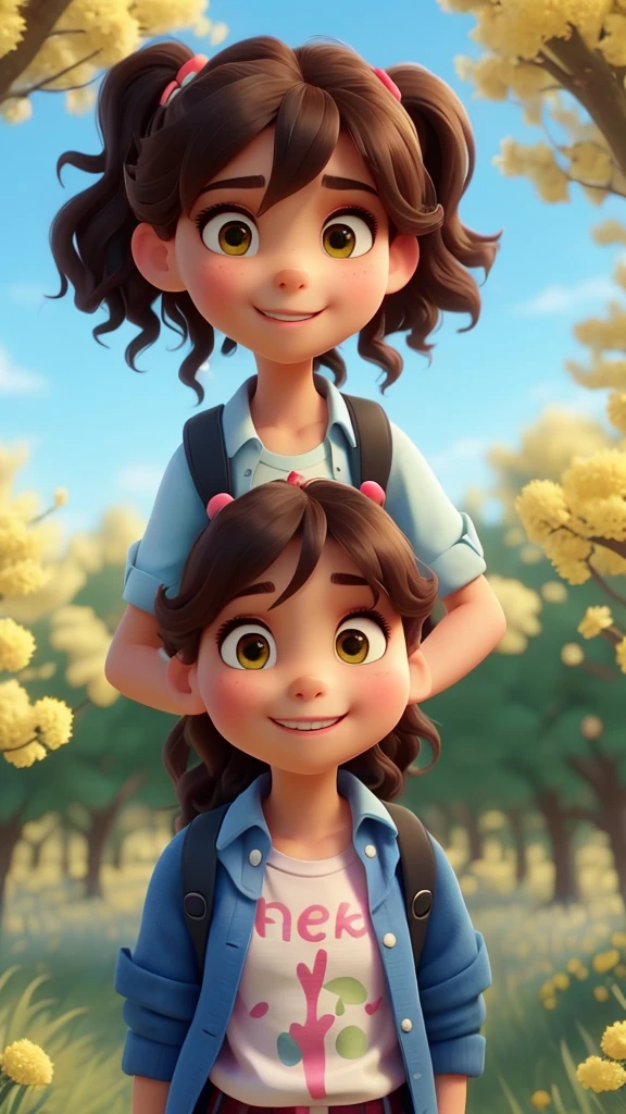 An incredibly charming  carrying a backpack, accompanied by her adorable puppy, enjoying a lovely spring outing surrounded by beautiful yellow flowers and natural scenery. The illustration is in high definition at 4k resolution, with highly-detailed facial features and cartoon-style visuals, (Butterfly Dance)