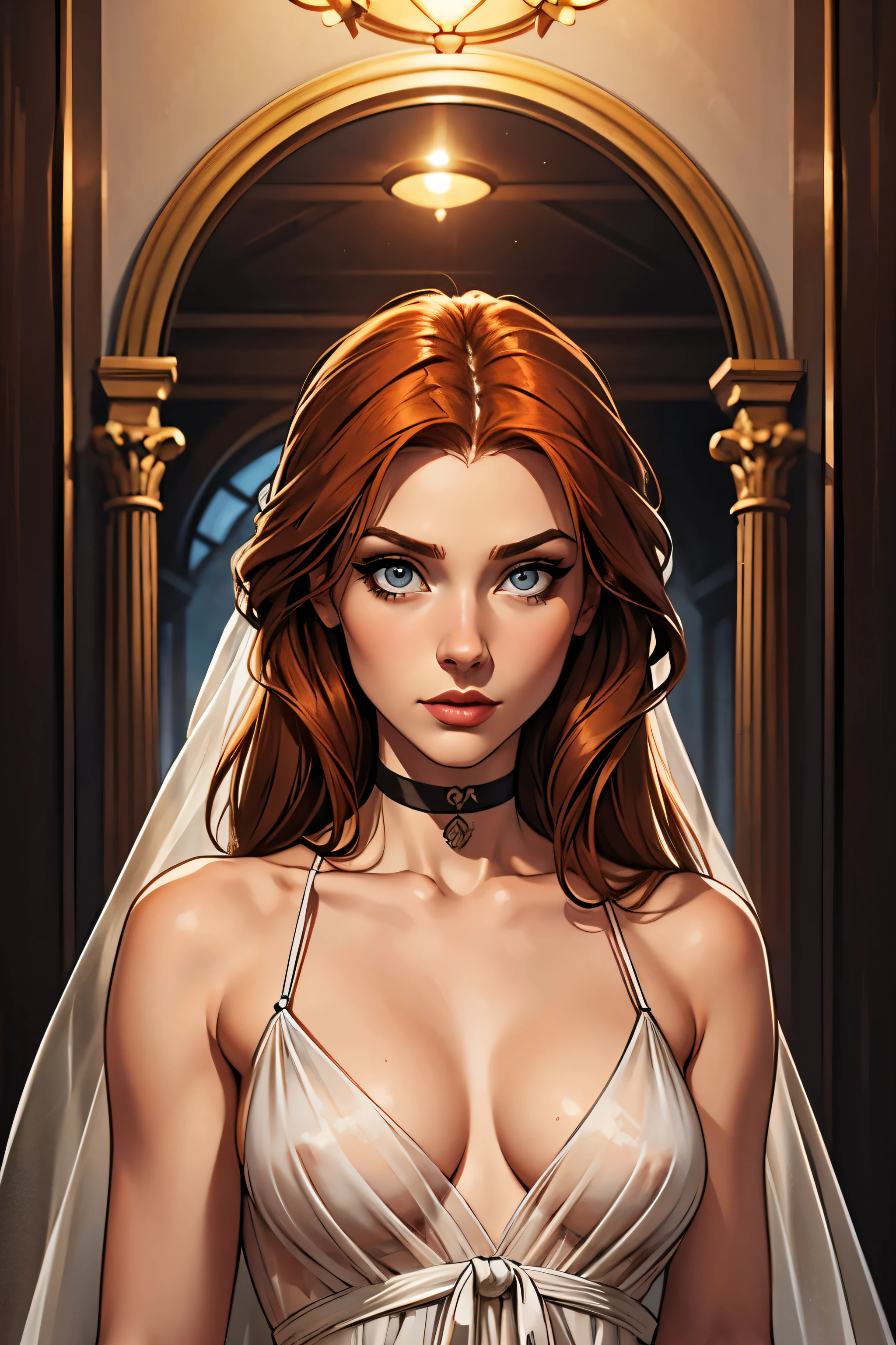 best qualityer, work of art, (realisitic: 1.2), 1 girl, slender girl, ginger hair, eyes browns, 3/4 view, face detailed, gorgeous eyes, eyes gray, eyes large, breasts small, choker, see through gown