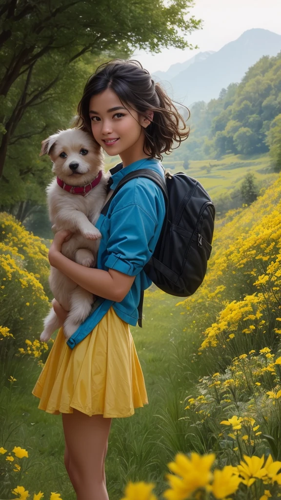 An incredibly charming  carrying a backpack, accompanied by her adorable puppy, enjoying a lovely spring outing surrounded by beautiful yellow flowers and natural scenery. The illustration is in high definition at 4k resolution, with highly-detailed facial features and cartoon-style visuals, (Butterfly Dance)