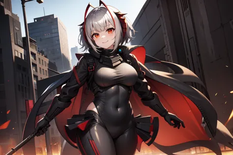 1girl, w_arknights, black bodysuit with red parts, city ruins, hi-tech armor pieces, mature, crazy smile