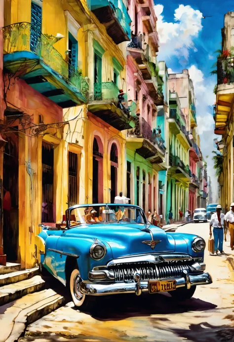 (Tyndall Effect Art of Cuba Art of Havana Cuban art canvas Print of Havana Havana:1.5), by Piotr Jabonski,(( beautiful vintage car rear view:1.5, in the background Colombian bar tables and chairs with people, warmth, happy atmosphere)), seen from behind, rear side, best quality, masterpiece, Representative work, official art, Professional, Ultra intricate detailed, 8K