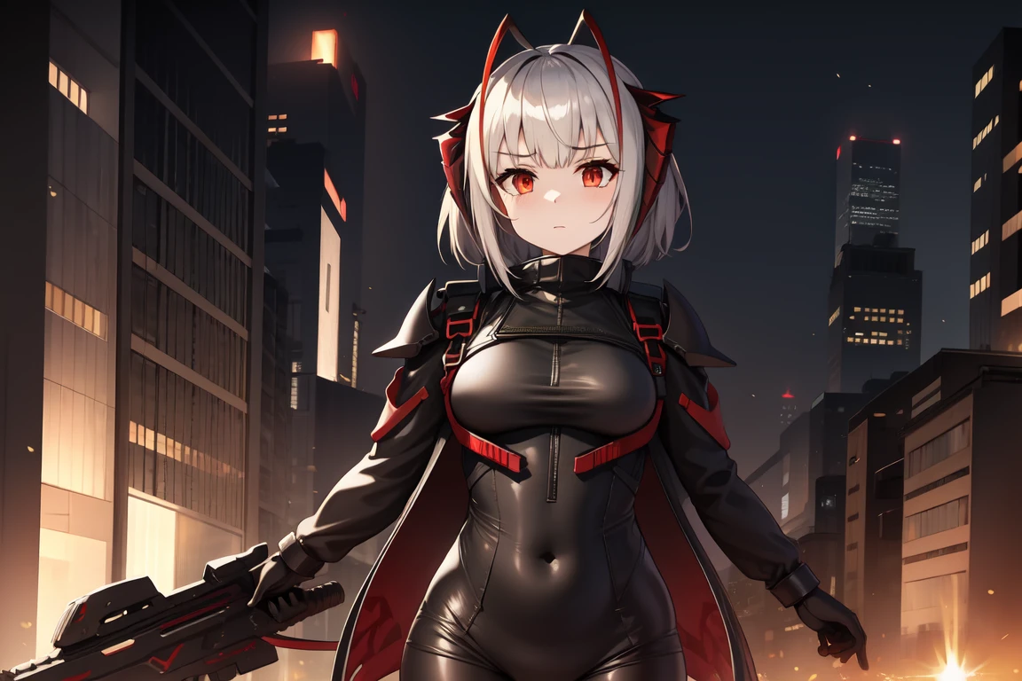 1girl, w_arknights, black bodysuit with red parts, city ruins, hi-tech armor pieces, mature