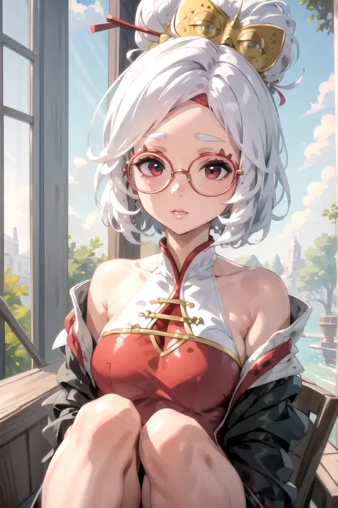 (masterpiece), (best quality),
solo, 1girl, 
purah, white hair,  glasses, hair ornament, standing confident, seductive