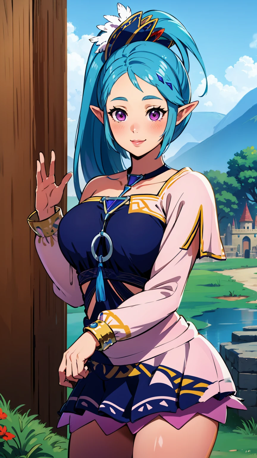 best quality, high resolution, large breasts, blue hair, ponytail, blush, smile, cowboy shot, looking at viewer, Lana, pink lip, (((in Hyrule castle))),