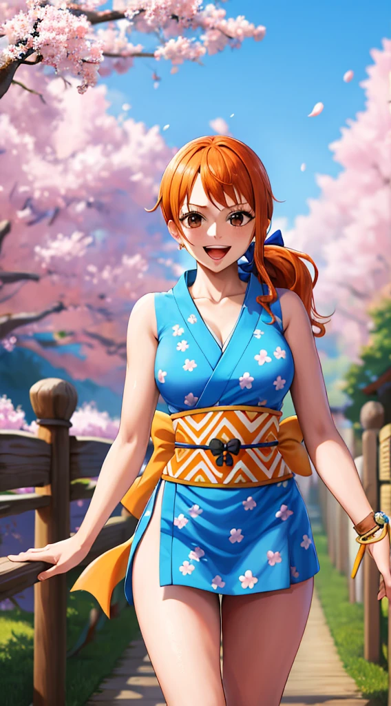 masterpiece, best quality, highres, nami (one piece), long hair, orange hair, low ponytail, hair bow, blue bow, brown eyes, collarbone, cleavage, short kimono, blue kimono, sleeveless, bare arms, bracelet, sash, obi, standing, cowboy shot, waving, outdoors, cherry blossoms, smile, open mouth,