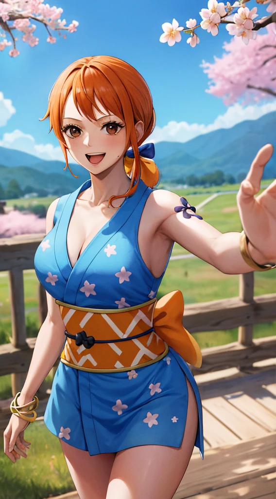 masterpiece, best quality, highres, nami (one piece), long hair, orange hair, low ponytail, hair bow, blue bow, brown eyes, collarbone, cleavage, short kimono, blue kimono, sleeveless, bare arms, bracelet, sash, obi, standing, cowboy shot, waving, outdoors, cherry blossoms, smile, open mouth,