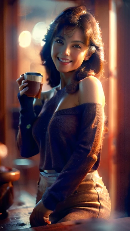 (ultrahd), (realistic), (real skin texture), (soft light), (cinematic light), a woman wear an one-shoulder oversized brown sweater, lean on her desk, seductive smile, pose, hold a cup of coffee,