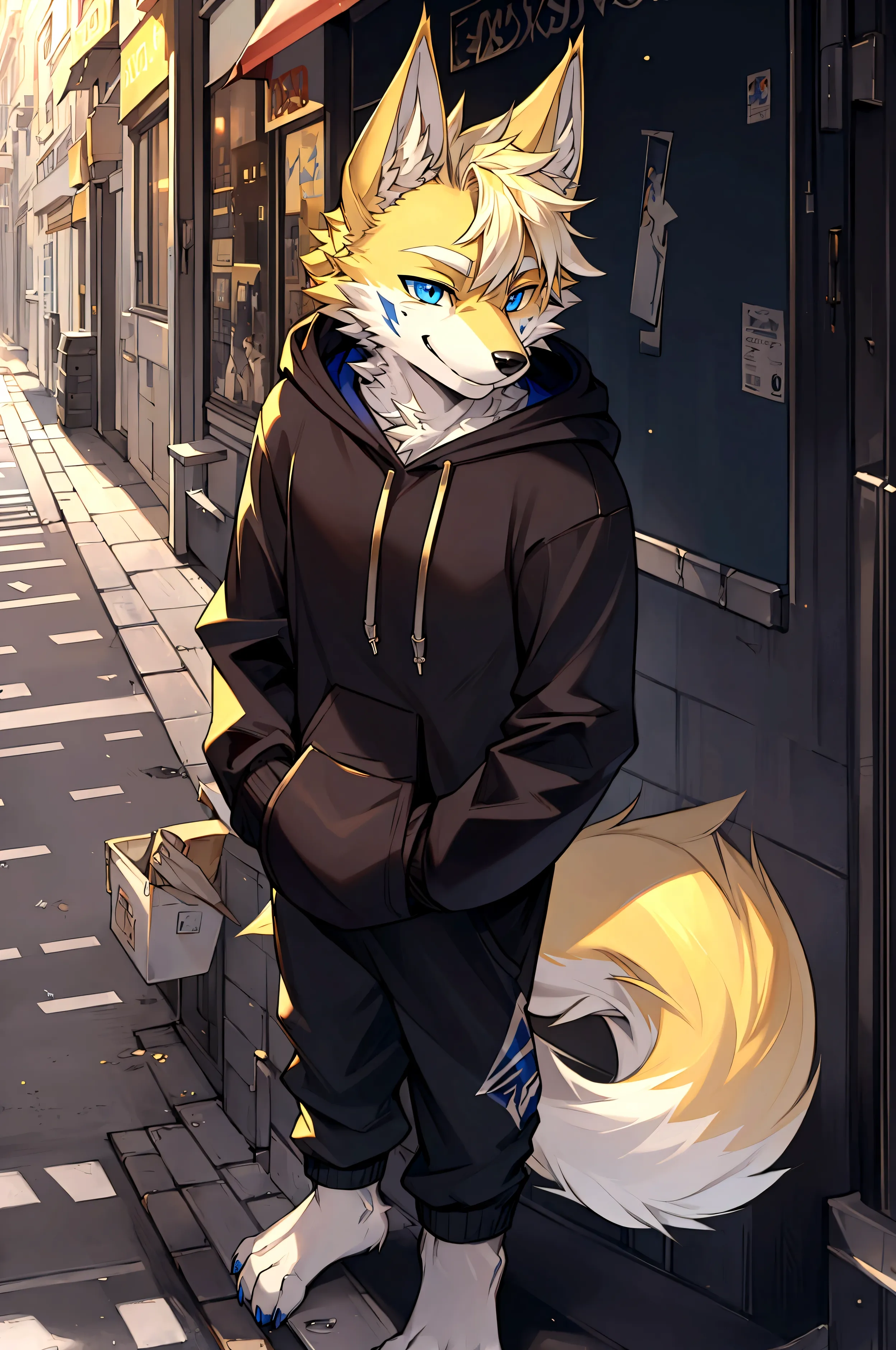 masterpiece,High quality,furry,male,(wolf),(yellow fur),(hoodie),blue eye,In the street,perfect background,Scar on the face,Smil...