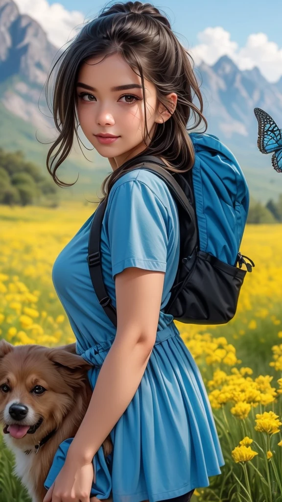 An incredibly charming  carrying a backpack, accompanied by her adorable puppy, enjoying a lovely spring outing surrounded by beautiful yellow flowers and natural scenery. The illustration is in high definition at 4k resolution, with highly-detailed facial features and cartoon-style visuals, (Butterfly Dance)